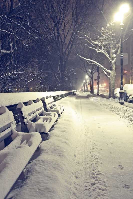 晚上中央公园被雪覆盖着