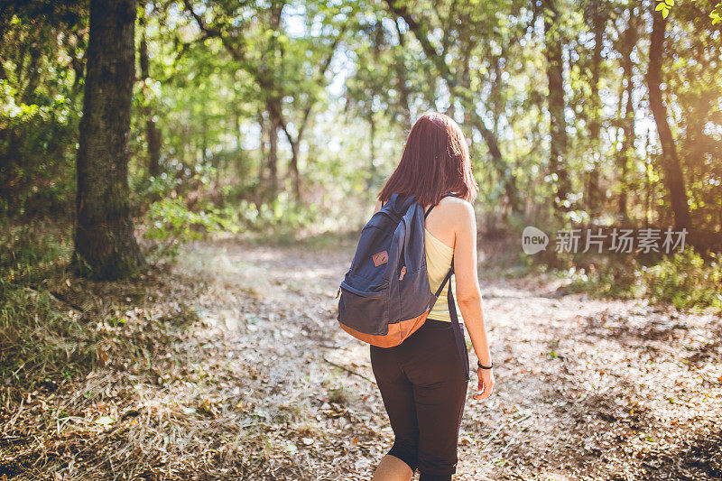 背包女旅行者在森林里行走。