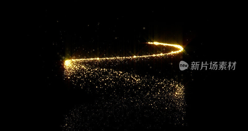 金色闪闪发光的螺旋轨迹与闪闪发光的颗粒，圣诞假期的背景设计。抽象的金色闪闪的螺旋尾巴，魔法闪闪的和发光的闪闪的旋转