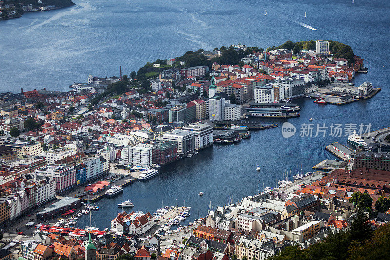 从弗洛安山顶俯瞰卑尔根:挪威的峡湾和城市