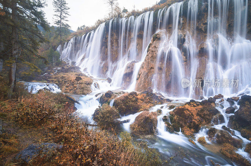 在九寨沟自然(九寨沟国家公园)，中国九寨沟秋林之间的五花湖晶莹剔透的水和美丽的风景