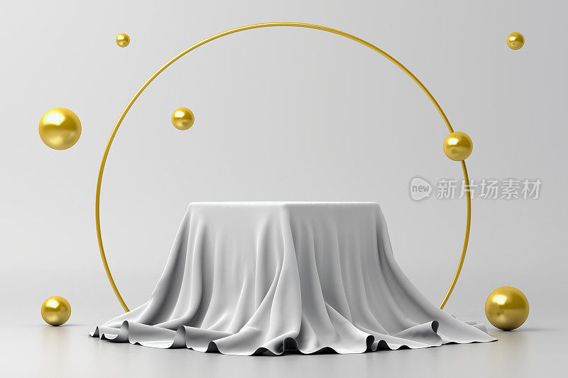 基座或讲台上的白色织物，白色背景上的金色球体