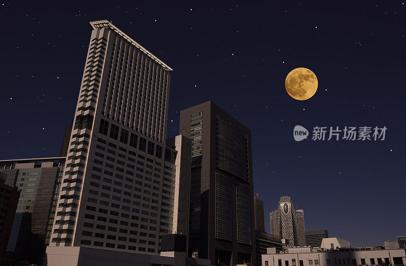 满月升起在东京新宿的天际