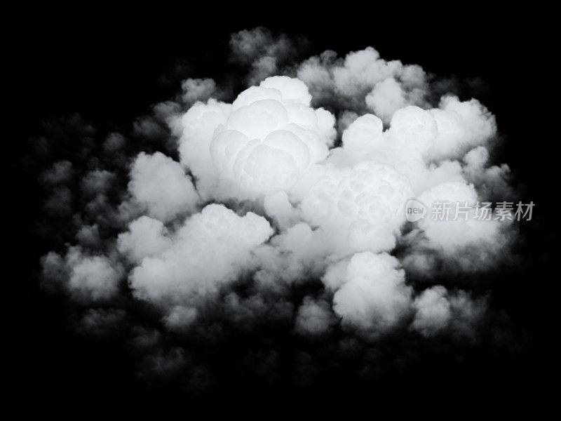 3d渲染，抽象的白云剪贴艺术。现实的天空。自然设计元素孤立在黑色背景