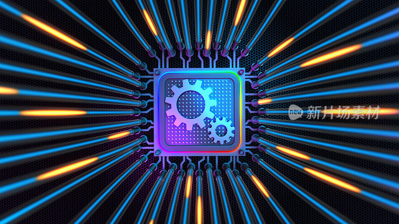 齿轮标志上的电子量子计算机微芯片具有传输量子比特运动、网络连接和大数据流的概念。优化和数据自动化技术。