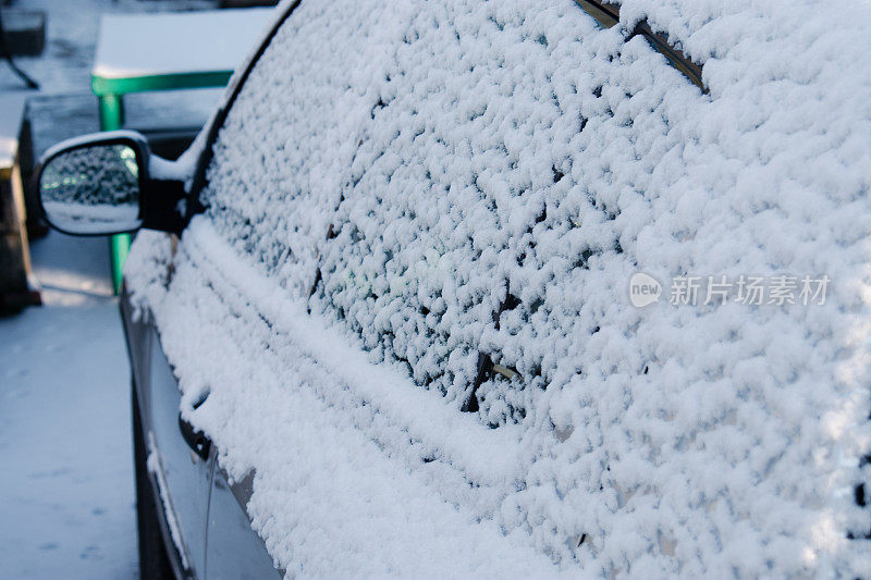 暴风雪下被雪覆盖的灰色汽车特写。