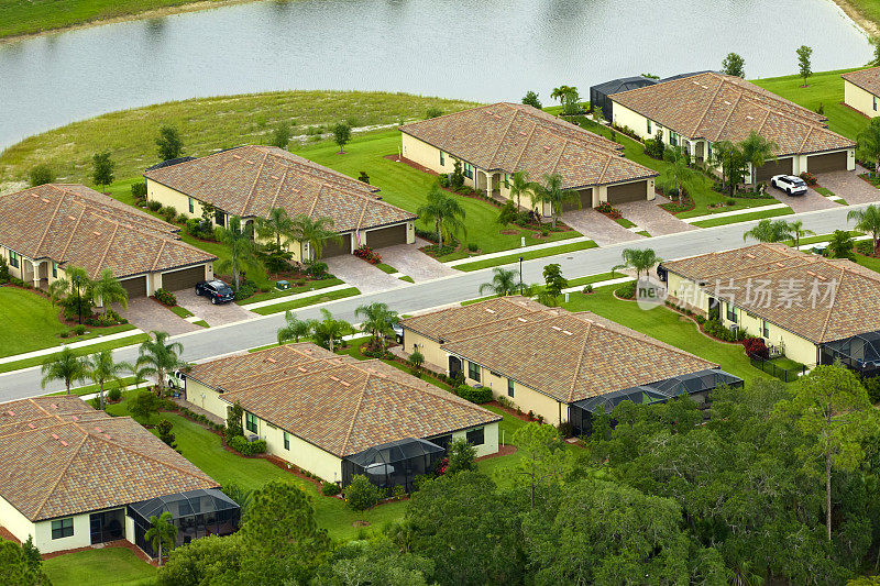 鸟瞰佛罗里达州封闭的生活俱乐部拥挤的房屋。家庭住宅作为美国郊区房地产开发的范例