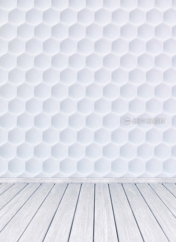 浅白色木质背景地板和六角形绗缝纹理墙