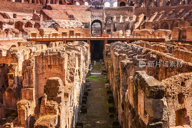 意大利，罗马:罗马斗兽场倒塌的内部地板，露出地下墓穴或地下部分