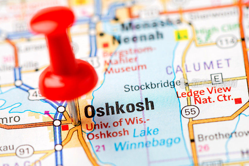 美国首都城市在地图系列:奥什科什，威斯康辛州，威斯康辛州