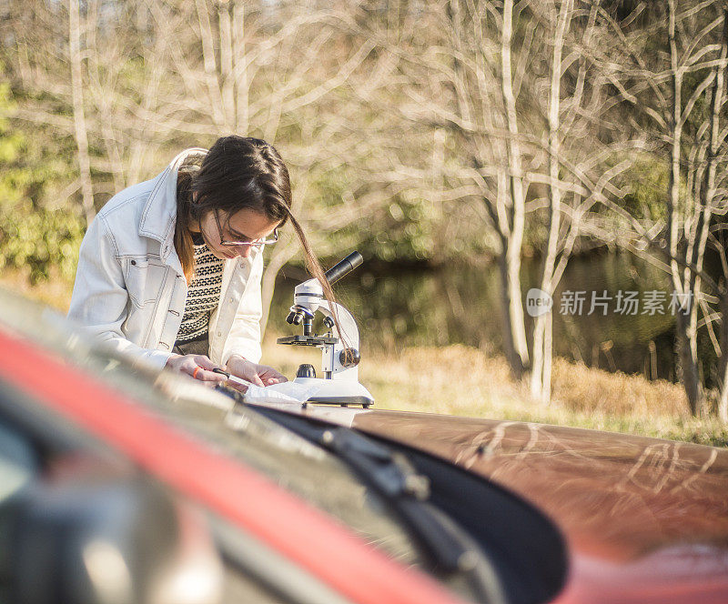 十几岁的女孩用显微镜做户外科学项目