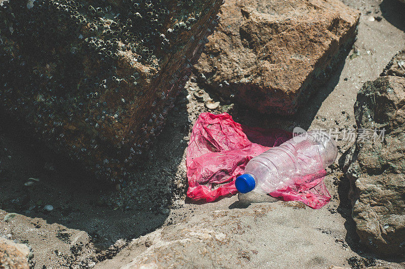 塑料垃圾堆积在海滩上