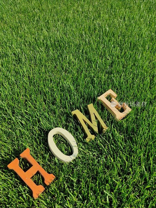 色彩斑斓的破旧木质字母“家”在绿色草地的背景与复制空间。家庭爱，家庭舒适，买房或家庭保险的概念。