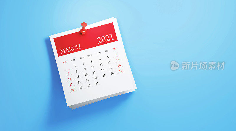 在蓝色背景上发布三月日历