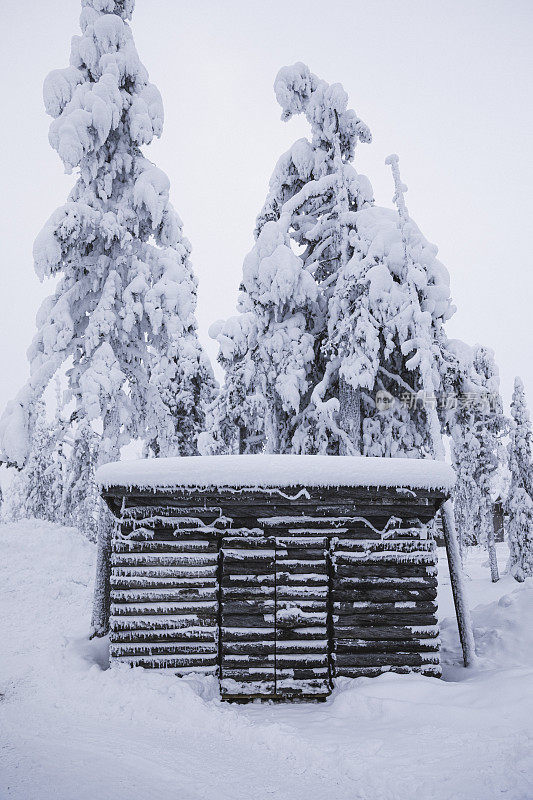 冬天的风景是白雪覆盖的冷杉树，古老的小屋和山脉。