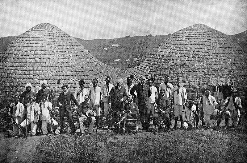 19世纪，南非祖鲁王国祖鲁Kraal村的AmaZulu酋长和布尔人