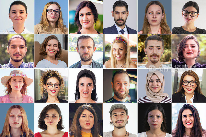 不同种族的人的肖像。在这张分割的照片中有24个人。白种人，金发，欧洲人，女人，男人。