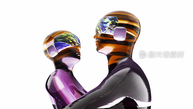 戴着虚拟现实面具的男性和女性角色