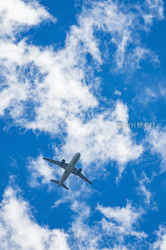 在多云的天空中仰望一架商用客机