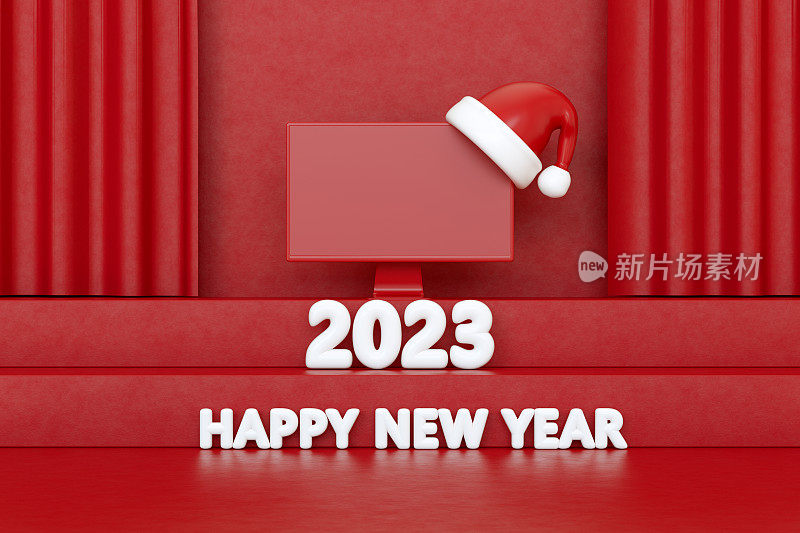空电脑显示器屏幕上的梯子与圣诞帽红色窗帘背景2023新年圣诞概念