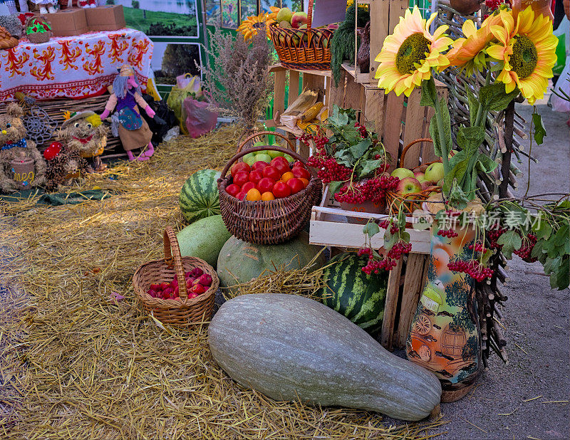 集市上出售各种各样的蔬菜和水果:南瓜、西葫芦、西红柿、苹果。