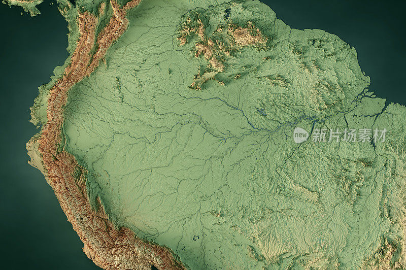 亚马逊雨林3D渲染地形图暗海洋颜色