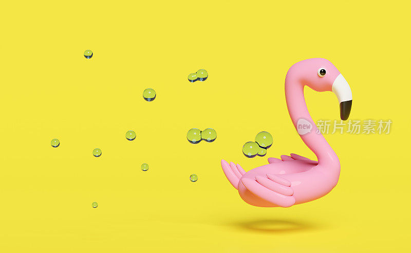3d粉红色充气火烈鸟与水飞溅，复制空间隔离在黄色背景。3d渲染图