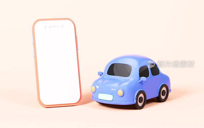 手机和卡通蓝色汽车在黄色背景下，3d渲染。