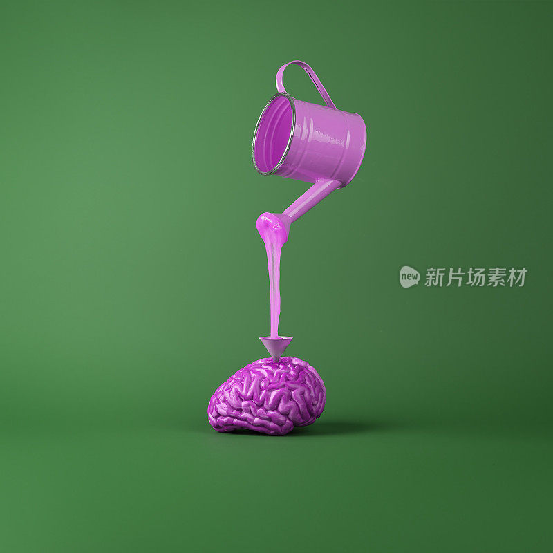 粉红色的水罐用甜糖浆浇灌人类的大脑。创新心理健康理念。