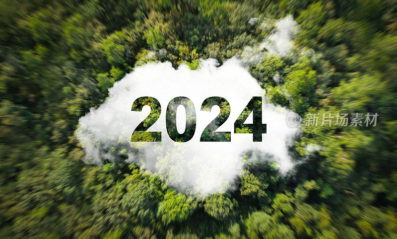 新年2024可持续环境发展目标理念在大自然中俯览SDGs、ESG、NetZero和co2环境可再生能源可持续管理理念，拯救地球。