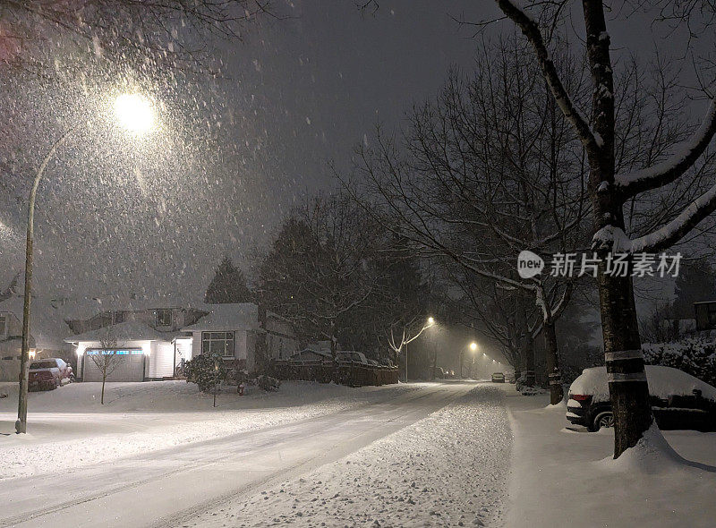 加拿大不列颠哥伦比亚省萨里的夜间降雪