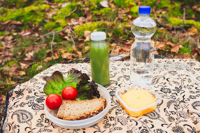在森林里野餐，享用新鲜的素食小吃