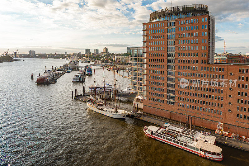 汉堡港城区的Speicherstadt。德国风景，德国旅行摄影。易北河与商业码头的照片。夕阳和天空，傍晚的好天气。港口的船只和建筑。