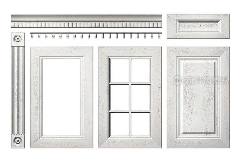旧木门，抽屉，柱子，檐口，白色独立橱柜