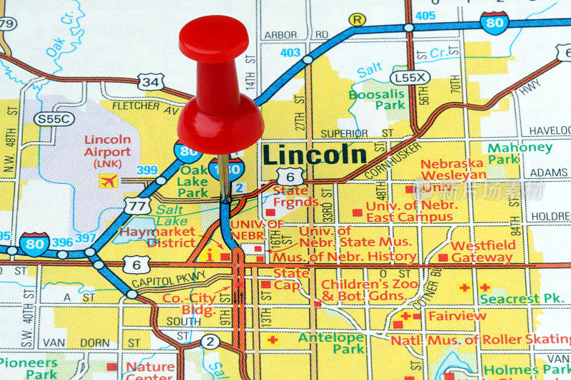 林肯，内布拉斯加州的地图。