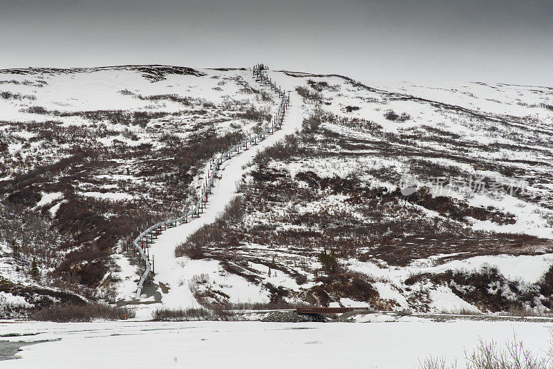 横贯阿拉斯加的管道在冬天的雪中爬山