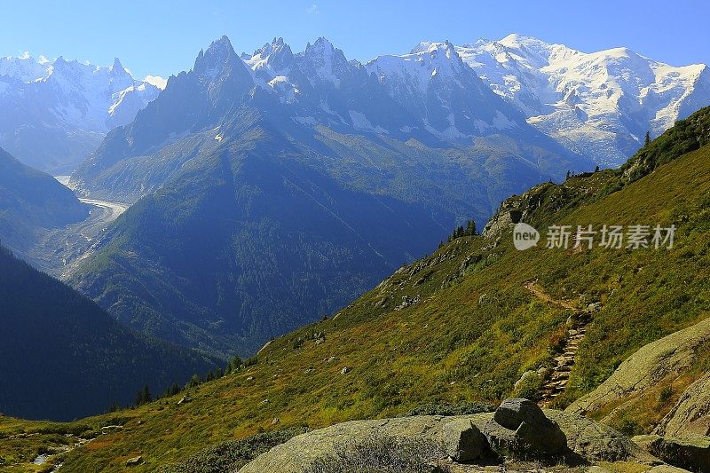 勃朗峰田园诗般的高山风景乡间小径-夏蒙尼阿尔卑斯山