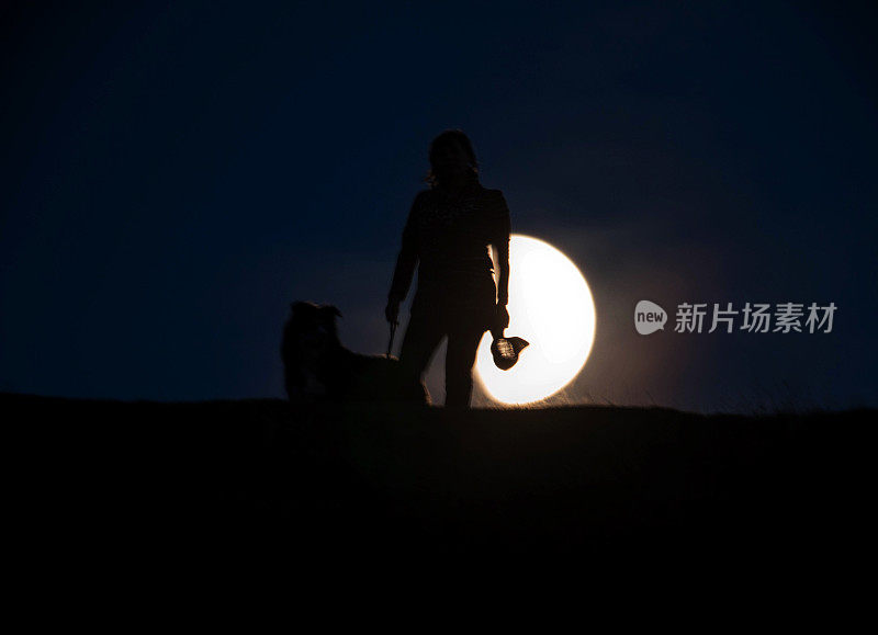 成熟的西班牙妇女和牧羊犬轮廓的月亮