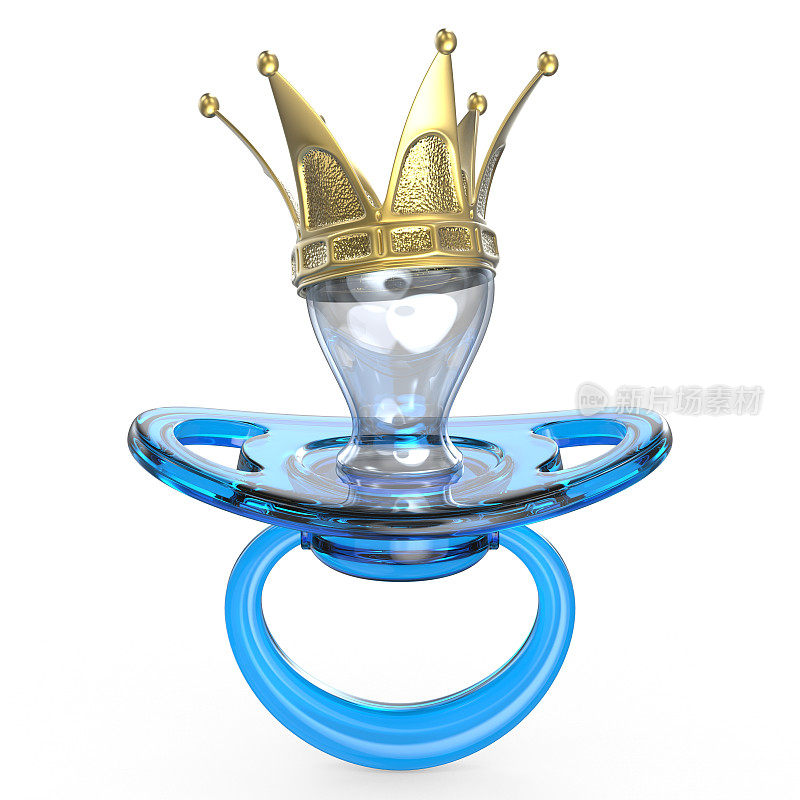 蓝色婴儿奶嘴与金色皇冠婴儿王标志3D