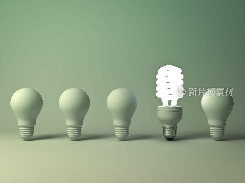 环保节能灯泡，一个发光的紧凑型荧光灯灯泡从未点亮的白炽灯在绿色背景，个性和不同的创意概念