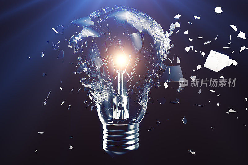 蓝色背景下的灯泡爆炸，概念创意思维和创新解决方案。三维渲染