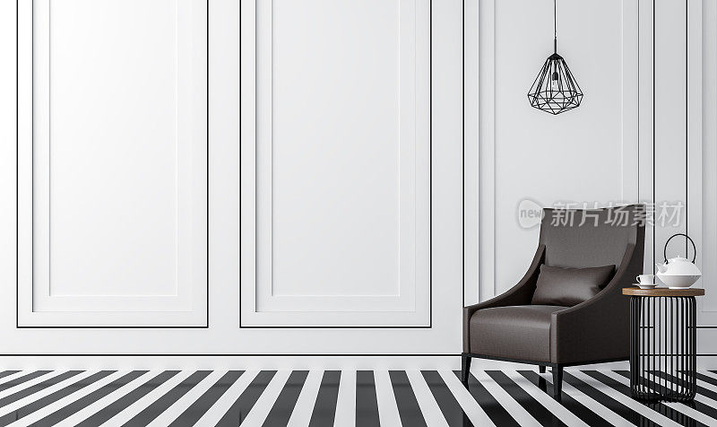 现代复古客厅与黑白3d渲染图像