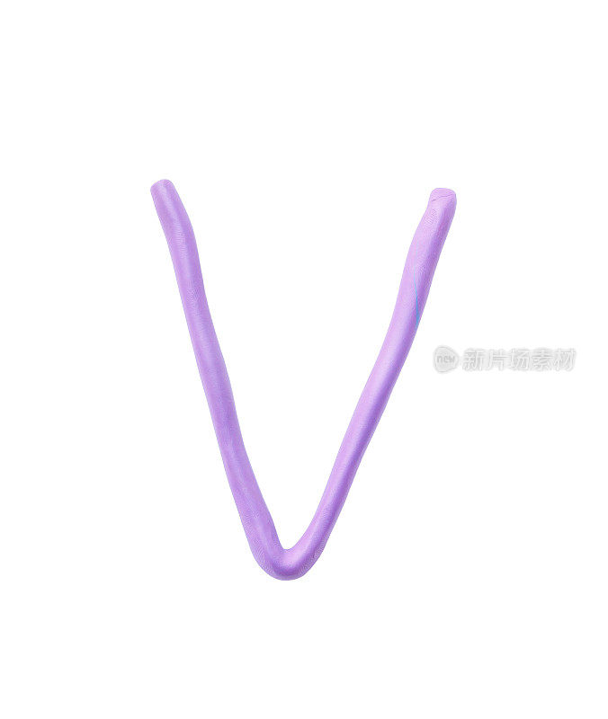 特写紫色橡皮泥的孩子在V字母孤立的白色背景与剪切路径