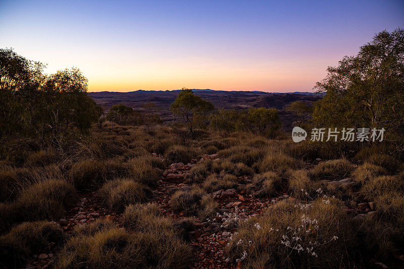 粉红色和紫色的夕阳色调照亮了澳大利亚中部的沙漠