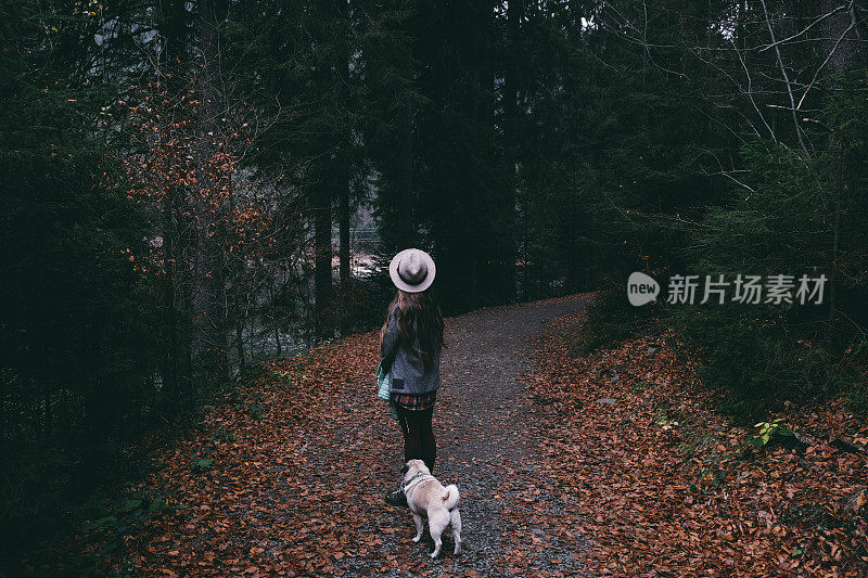 戴着帽子的女人带着狗在山林里散步