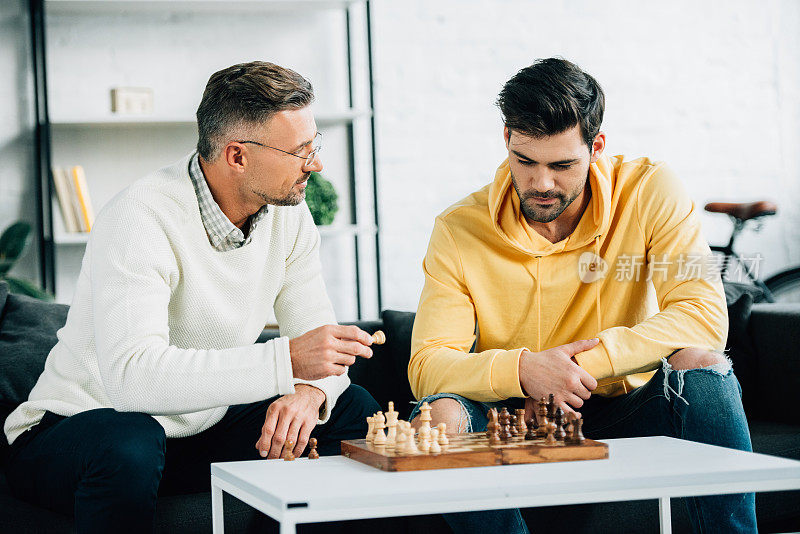 周末，儿子和成熟的父亲在客厅下棋