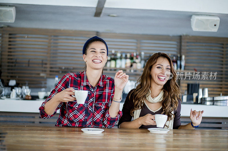 两个微笑的少女聊天和一起在一个café的乐趣