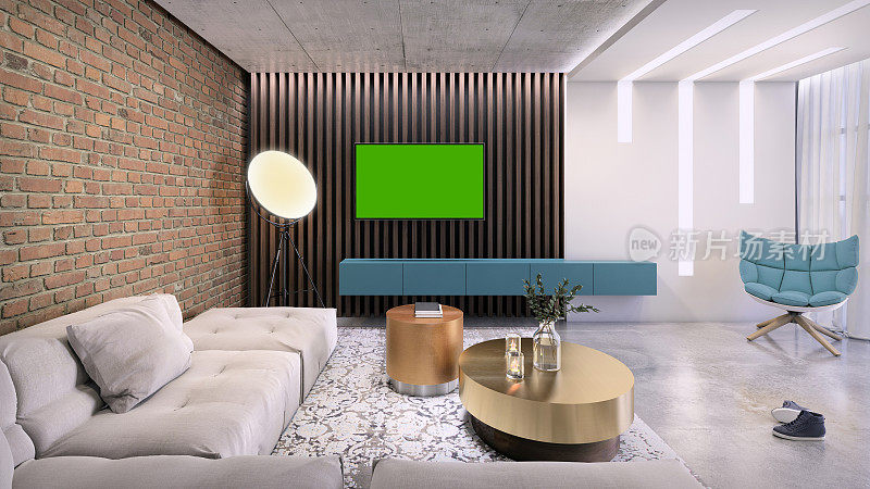 现代化的客厅，墙上挂着大电视