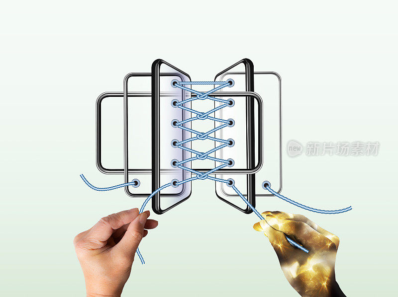 多部智能手机编织成绳子一样的鞋带。机器人和人类的手编织绳子。