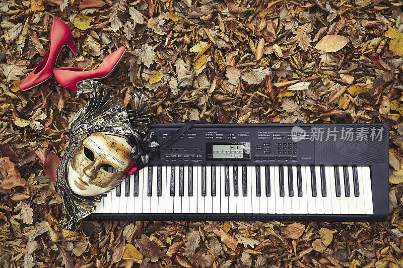 威尼斯面具和钢琴电风琴音乐键盘在大自然的秋天